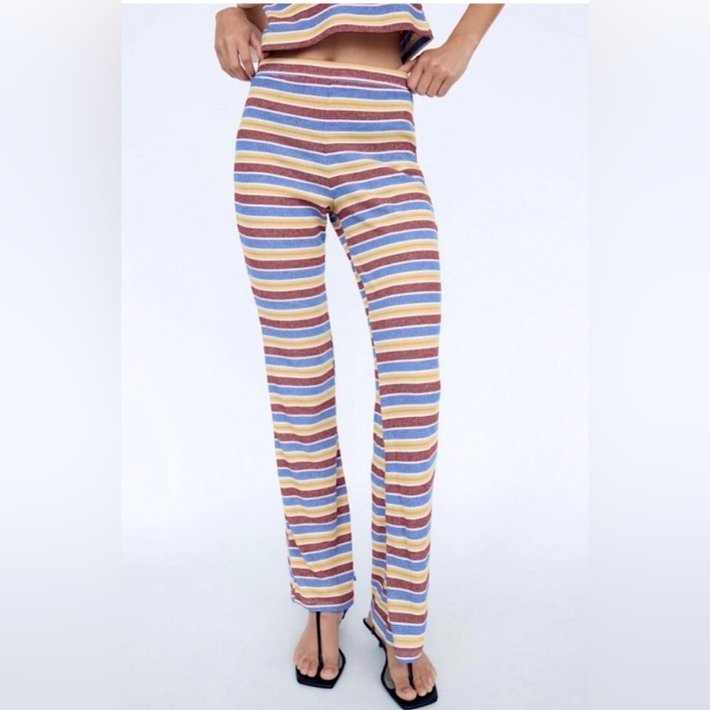 Zara Rib Texture knit Striped Pull On Flared Bottom Pants size small new‎